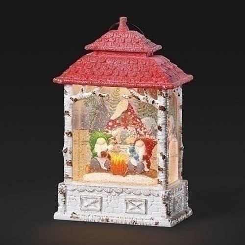 Lighted Swirl Lantern Campfire Gnomes in Forest for wholesale by Roman