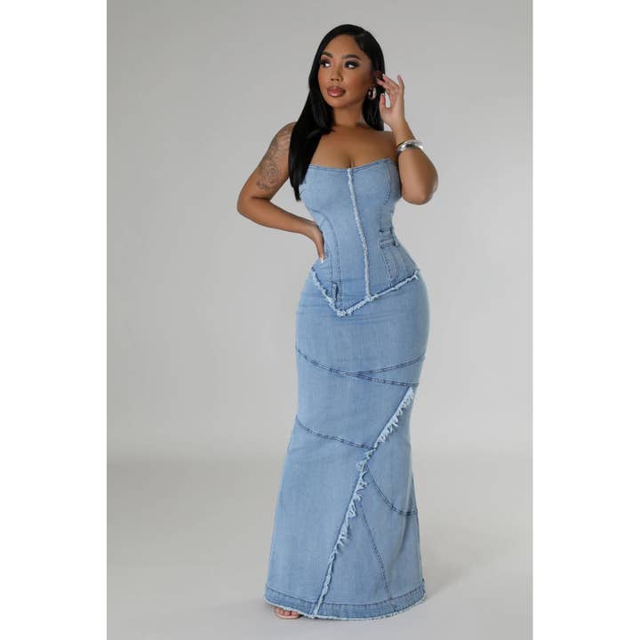 Elegant Maxi Denim Dress with Corset Lace Back for wholesale on Faire