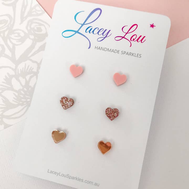 Small Heart Stud Set - Rose Gold and Pink Acrylic Studs for wholesale by Lacey Lou Sparkles