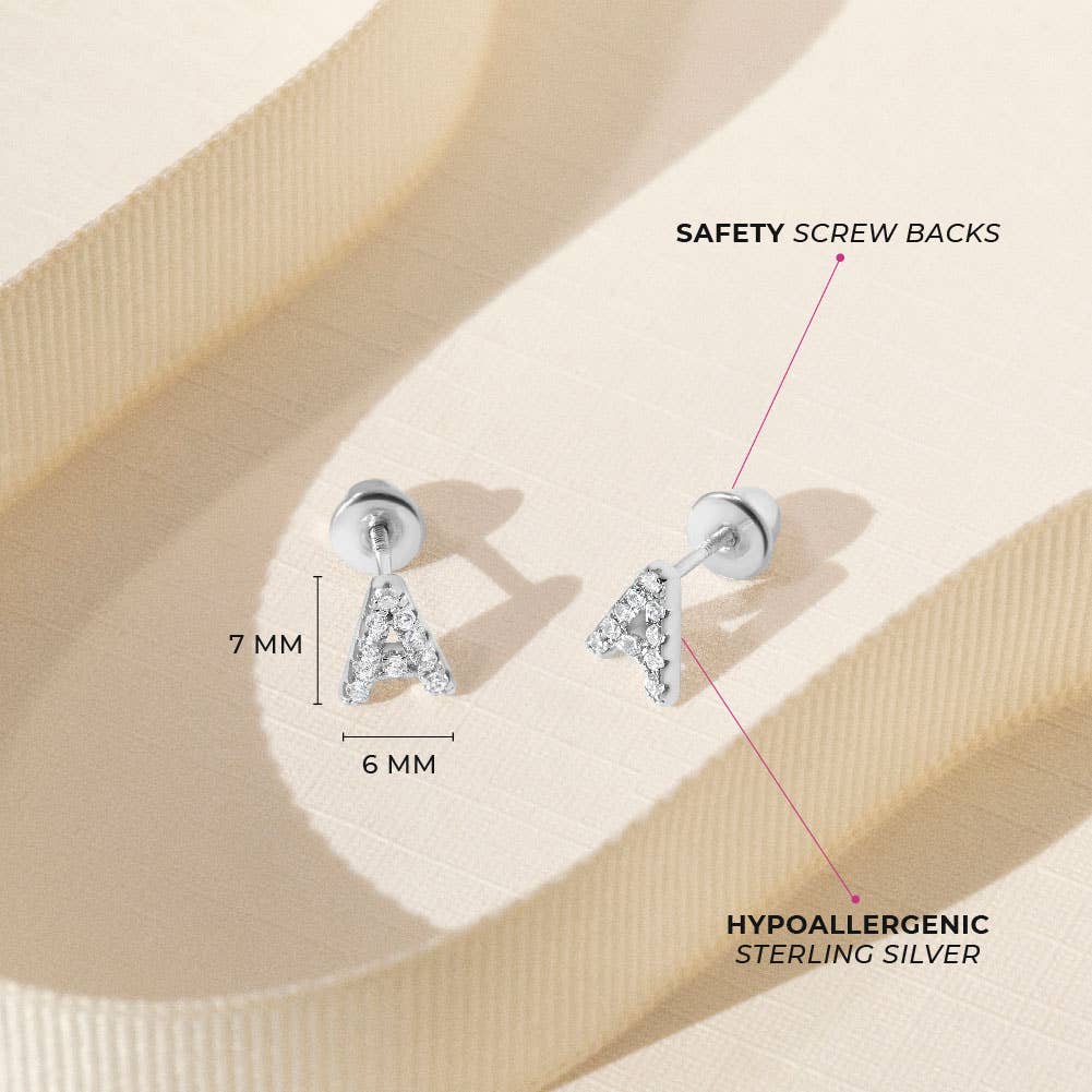 In Season Jewelry - Wholesale Earrings - Kids - CZ Letter Initial Girls / Kids Earrings - Sterling Silver10