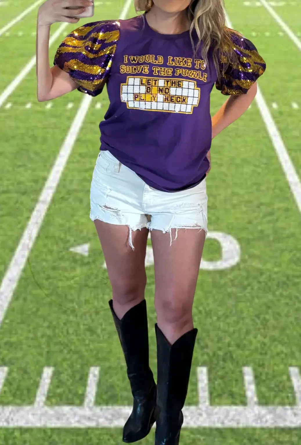 Sash Clothing Bar - Wholesale Blouse - Women's - Gameday Purple Gold Let The Band Play Neck Sequin Tiger Top4