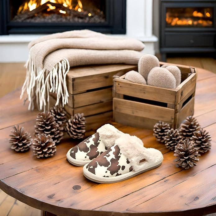 Funky Junque - Vente Chaussons – femme - Pantoufles en peluche - Imprimé vache - Beige1