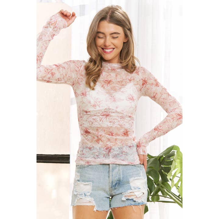 Sweet Generis - Wholesale Knit Top - Women's - CUTE MESH FLORAL PRINT HIGH NECK DESIGN LONG SLEEVE FITTED T4