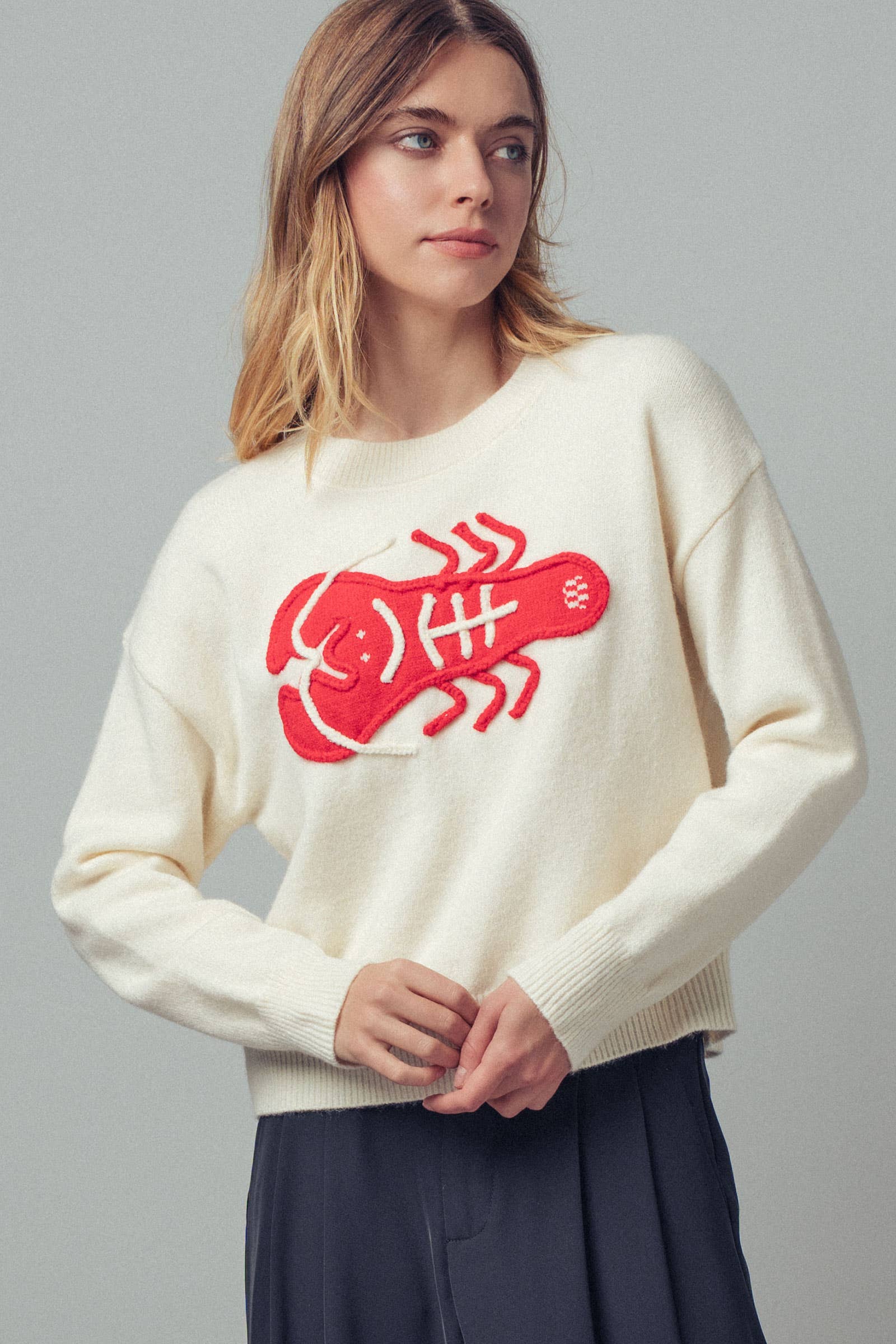 Urban Daizy - Vente Pull en maille – femme - Pull à déclaration nautique avec homard rouge brodé6