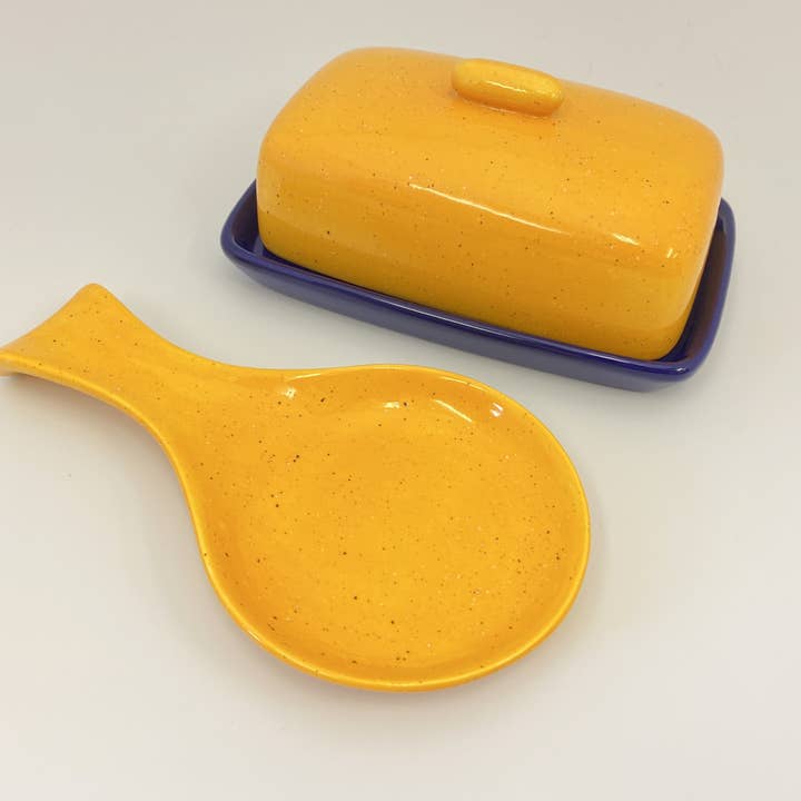 Blue Butter Dish and Spoon Rest Set for wholesale by Peter Bowen Art