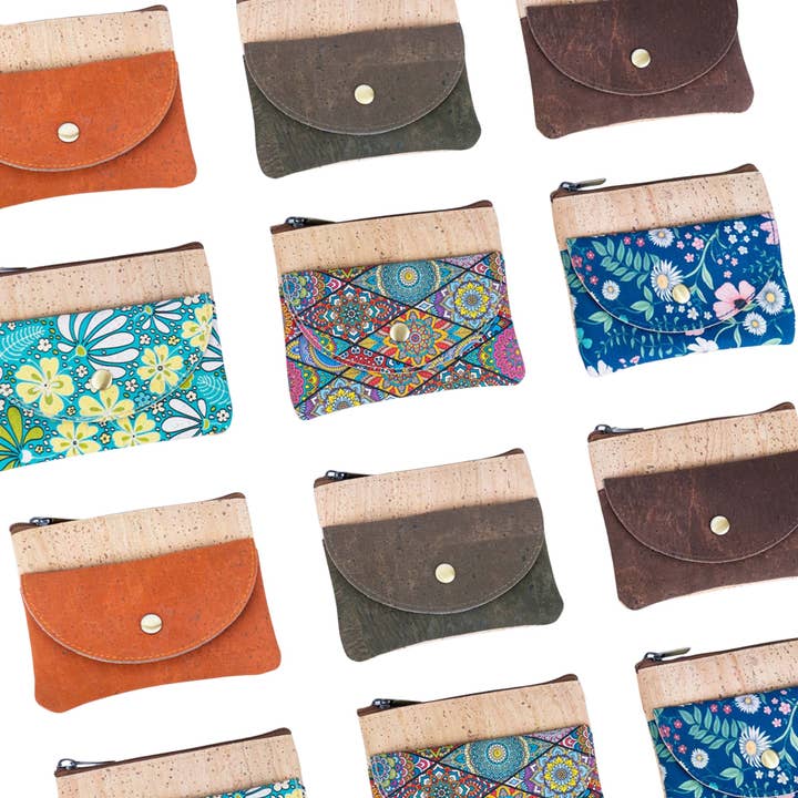 Cork Coin Purse with Snap Button Front Pocket Women's Mini Wallet with Key Ring BAG-2355 for wholesale by Meninas Bonitas Cork