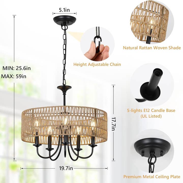 Modern Farmhouse Chandelier Light Fixtures, 5-Lights Large Rattan Pendant Lighting with Hand Woven Wicker Shade, Boho Black Chandeliers for Dining Room Living Room Kitchen Island Bedroom for wholesale on Faire