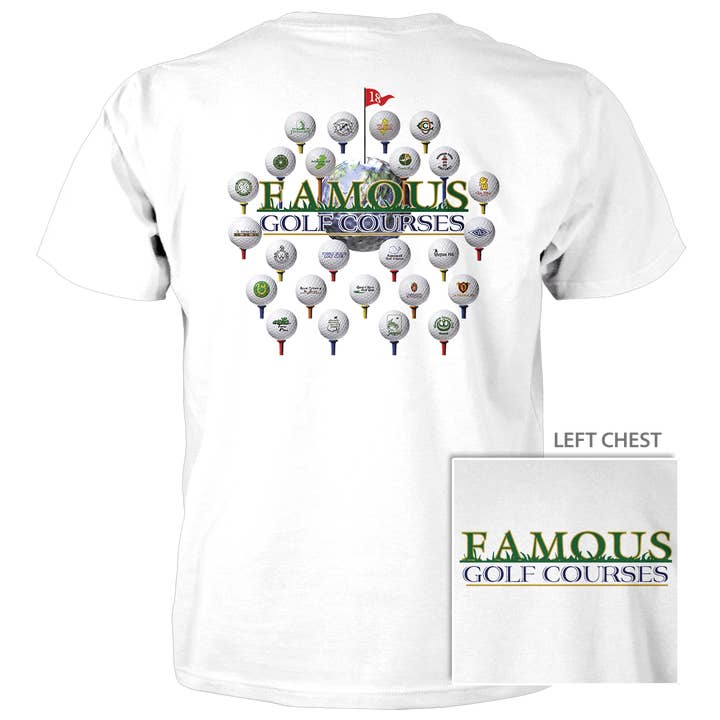 T-shirt en coton blanc "Famous Golf Courses" - 4,5 oz pour la vente par Taboo Apparel