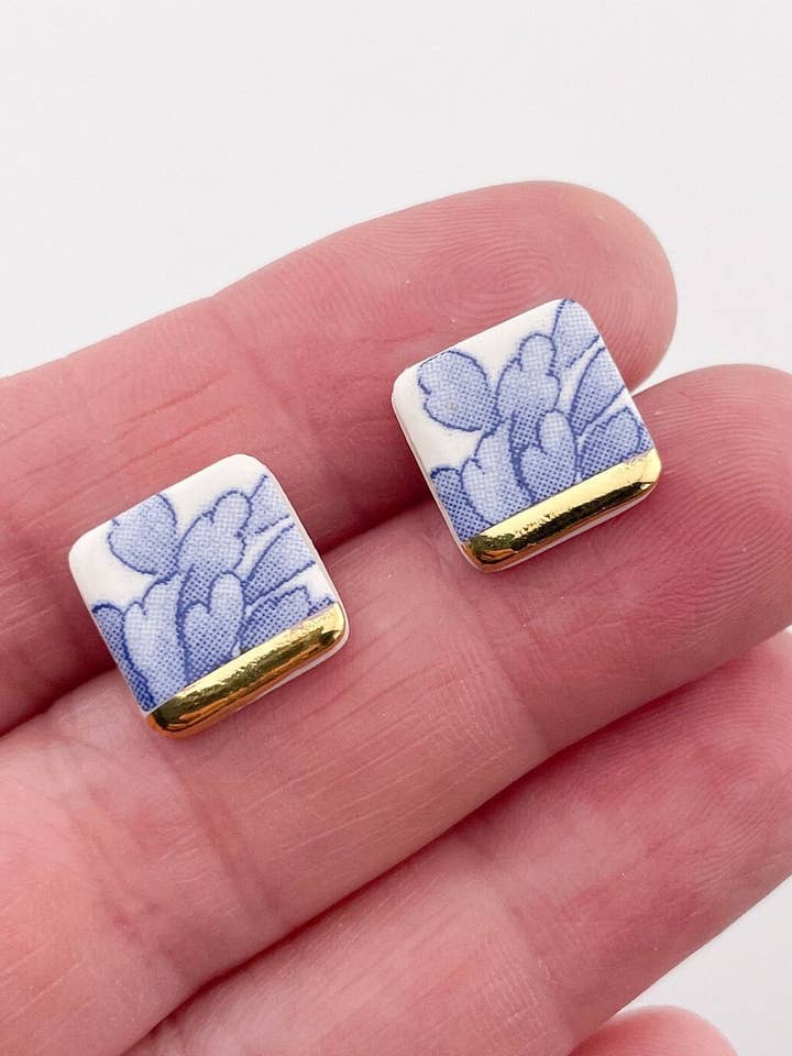 Blue China Small Square Stud earrings with gold tips for wholesale by Clay Blanca