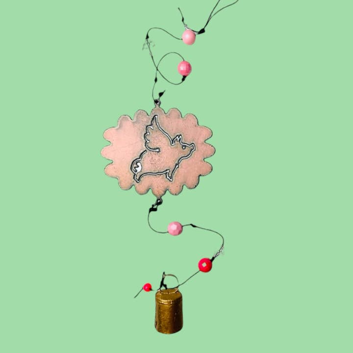 Pig wind chime whimsical flying pig bell mobile garden eco for wholesale by Iron Jewel