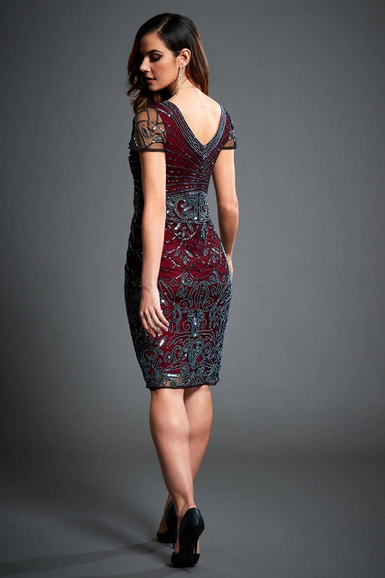 Jywal London® – Vestido - Mulher por atacado – Vestido de Festa Midi Flapper Vermelho Vinho Silvia1