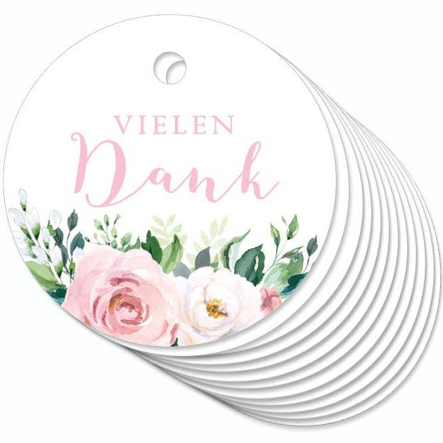 12 ANHÄNGER Vielen Dank • Rosen rosa weiß grün • Hängeetiket für den Großhandel von fioniony®