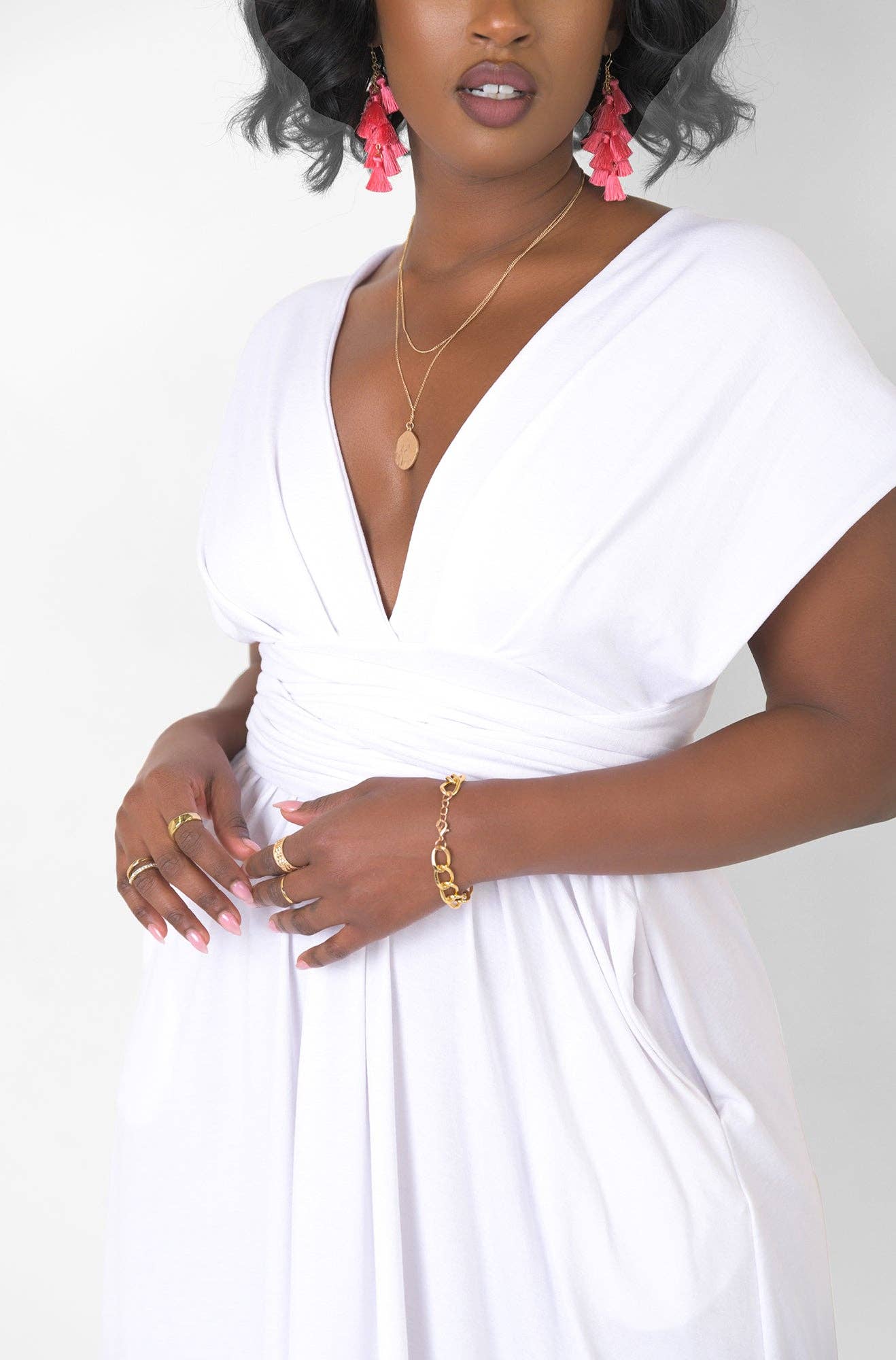 White Dreamy Sleeveless V Neck Multiway Skater Maxi Dress W. Pockets for wholesale on Faire5