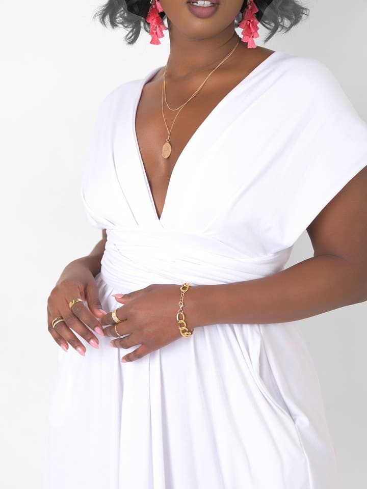 White Dreamy Sleeveless V Neck Multiway Skater Maxi Dress W. Pockets for wholesale on Faire5