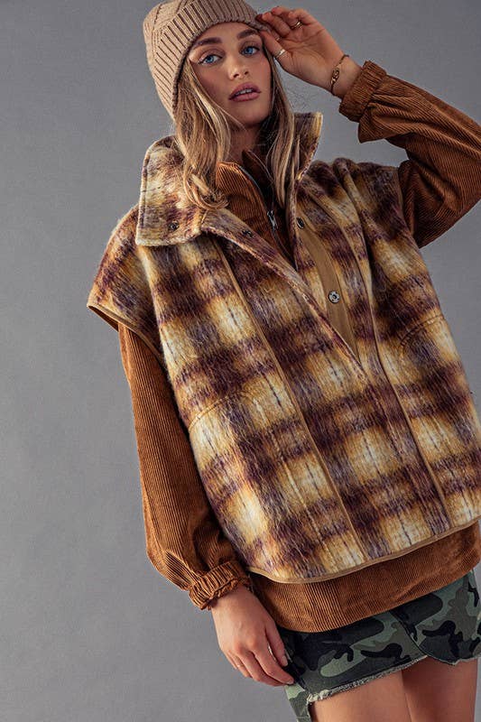 Heyday - Wholesale Outerwear Vest - Women's - VINTAGE PLAID OVERSIZED WOOL VEST10