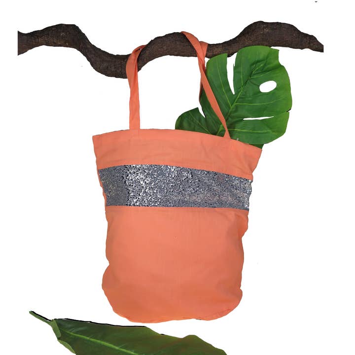 Saco de compras em algodão mandarim laranja com glitter prateado por atacado de Epigram