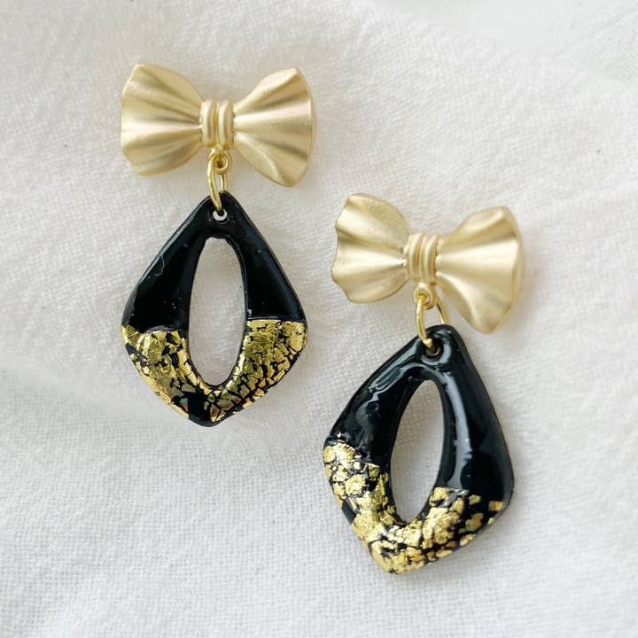 Black and Gold Bow Earrings Lightweight Polymer Clay Earrings Gold Dangles for wholesale by Frosted Willow