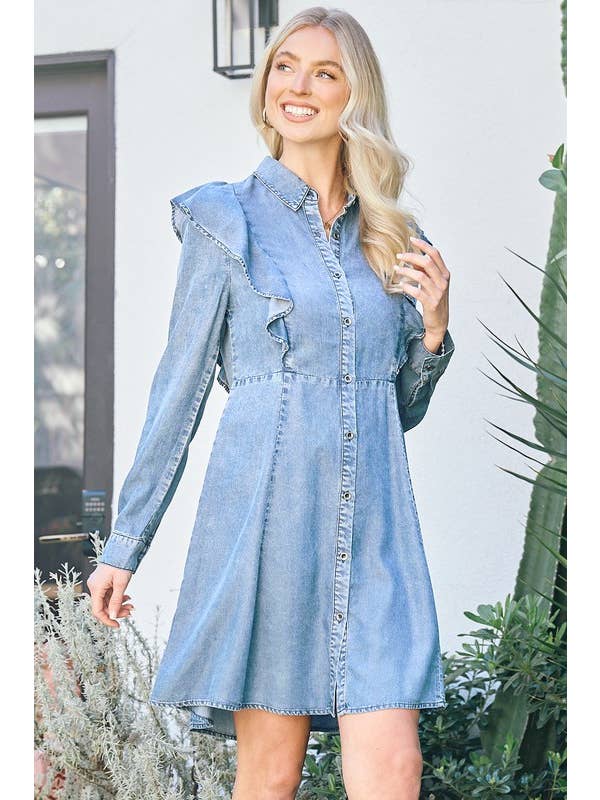 Doe and Rae - Wholesale Dress - Women's - Ruffle Denim Dress - 27097D