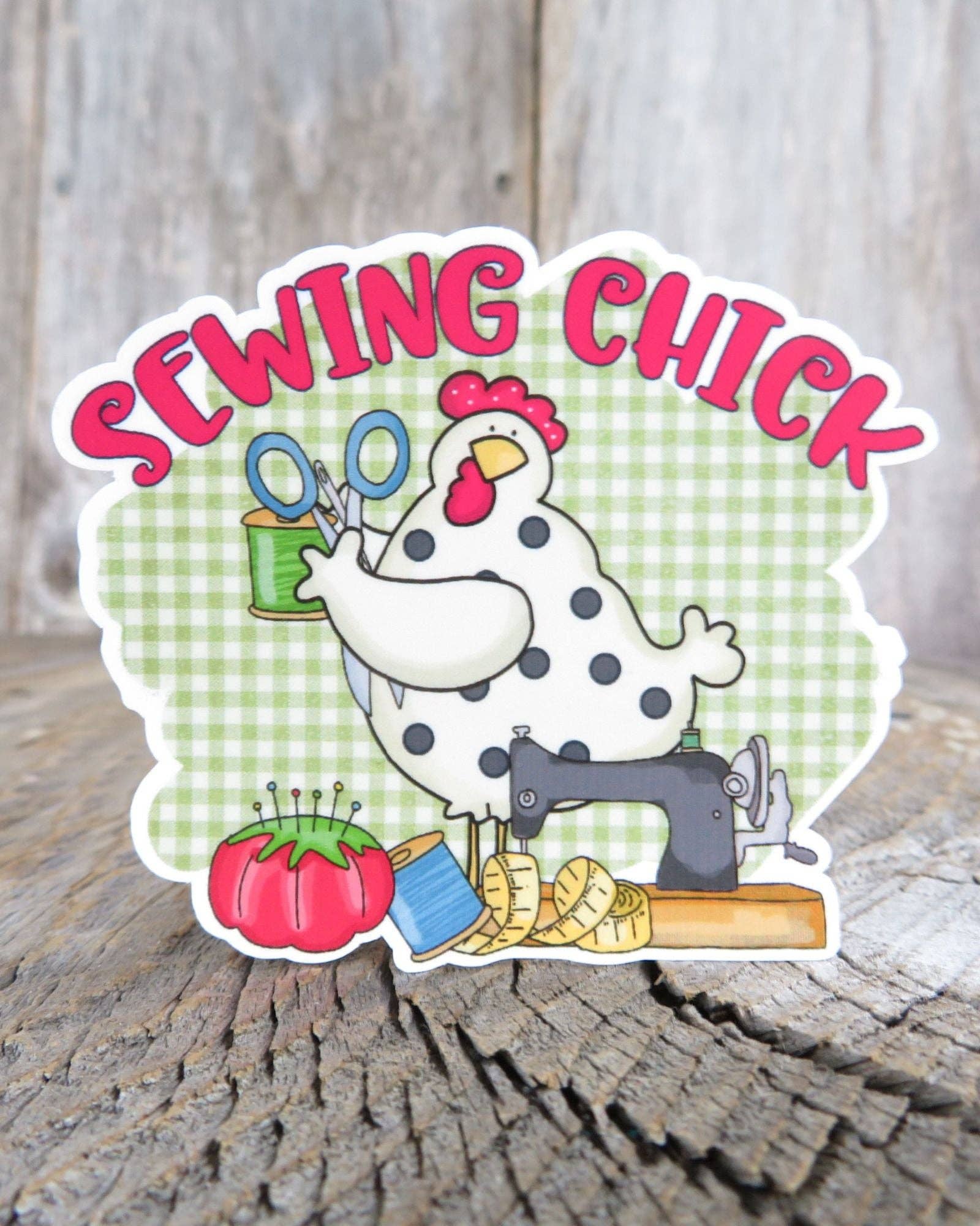 Kirk's Krafts - Wholesale Sticker - Sewing Chick Sticker Waterproof Chicken Lover Country Style Gingham Full Color Waterproof Quilt Lady Crafty2