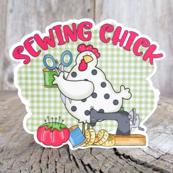 Kirk's Krafts - Wholesale Sticker - Sewing Chick Sticker Waterproof Chicken Lover Country Style Gingham Full Color Waterproof Quilt Lady Crafty2