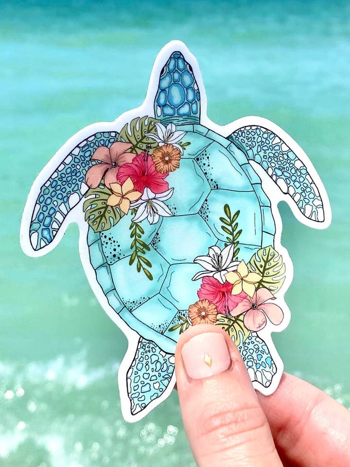 Floral Sea Turtle Sticker for wholesale by Art By Hayle