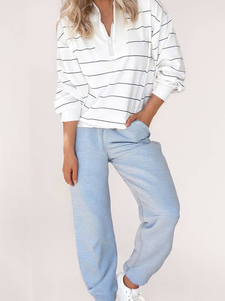 Striped Half Zip V-Neck Drop Sleeve Knit Top for wholesale by LA Society