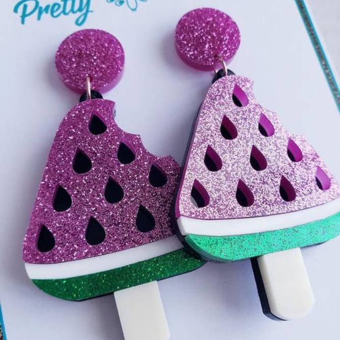 Glittery Watermelon Lollipop Acrylic Earrings for wholesale by Pretty Pickie