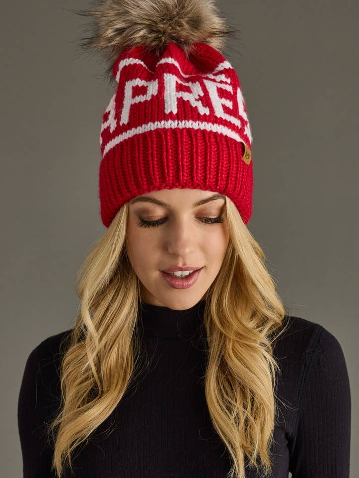 Red & White Apres Pom Hat for wholesale by Panache Apparel Co.