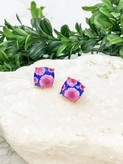 Dahlia Flower Print Crystal Stud Earrings for wholesale by Prep Obsessed Wholesale