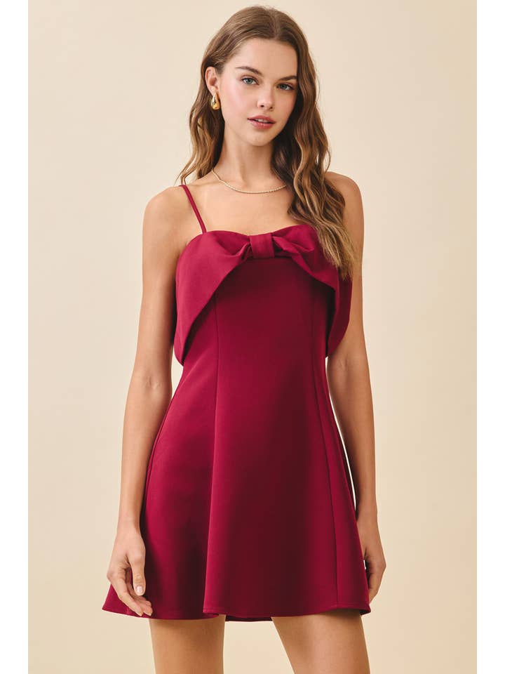 Burgundy CD06248-Oversized Front Bow Detail Fit And Flare Dress for wholesale on Faire1