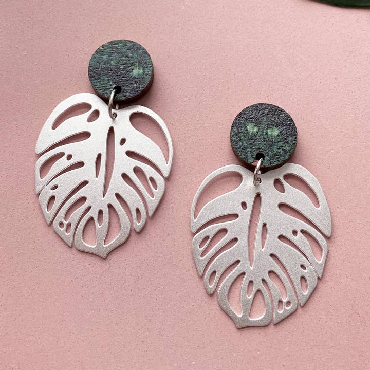 Silver Monstera Drop Earrings for wholesale by MicaPeet