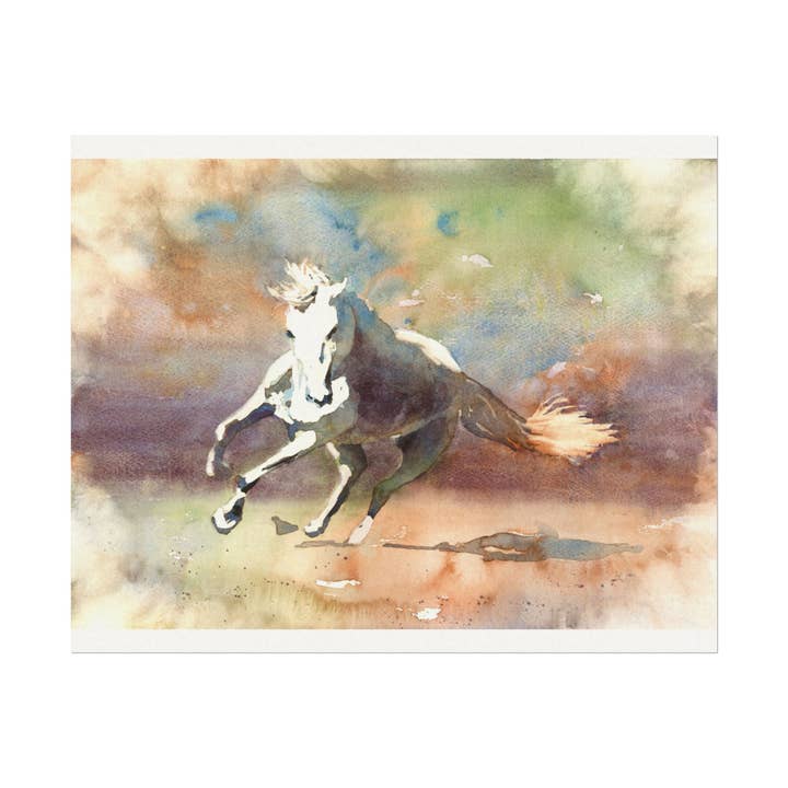 Horse galloping colorful watercolor kids room decor art for house mammal equestrian artwork horizontal art for wholesale by Ryan Fox Fine Art