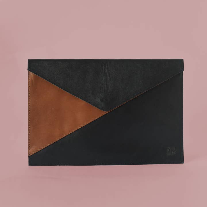 Purse & Clutch - Wholesale Laptop/Tablet Case - Women's - Color Blocked Cognac & Black Leather Envelope Laptop Sleeve0
