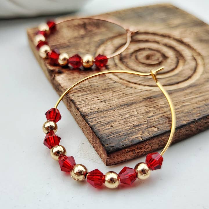 Gold Red Beaded 30mm Huggie Multicolour Dainty Boho Summer Hoop Bali Earring for wholesale by The Colourful Aura