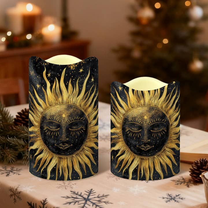 Juego de 3 velas LED sin llama con borde ondulado y motivo de sol para venta al por mayor de Candles Meta