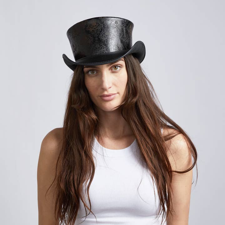 Black Biker Leather Top Hat - Style Royal Skull for wholesale on Faire1