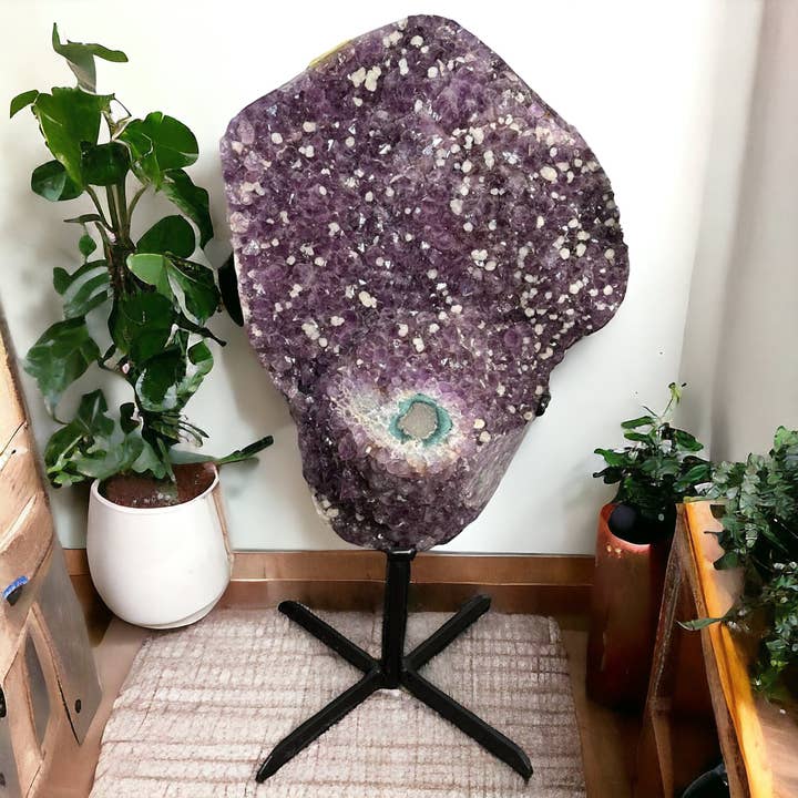 Amethyst Cluster with large Stalactite and Calcite on custom Black Metal Stand - Crystal Decor - for wholesale by Rock Paradise