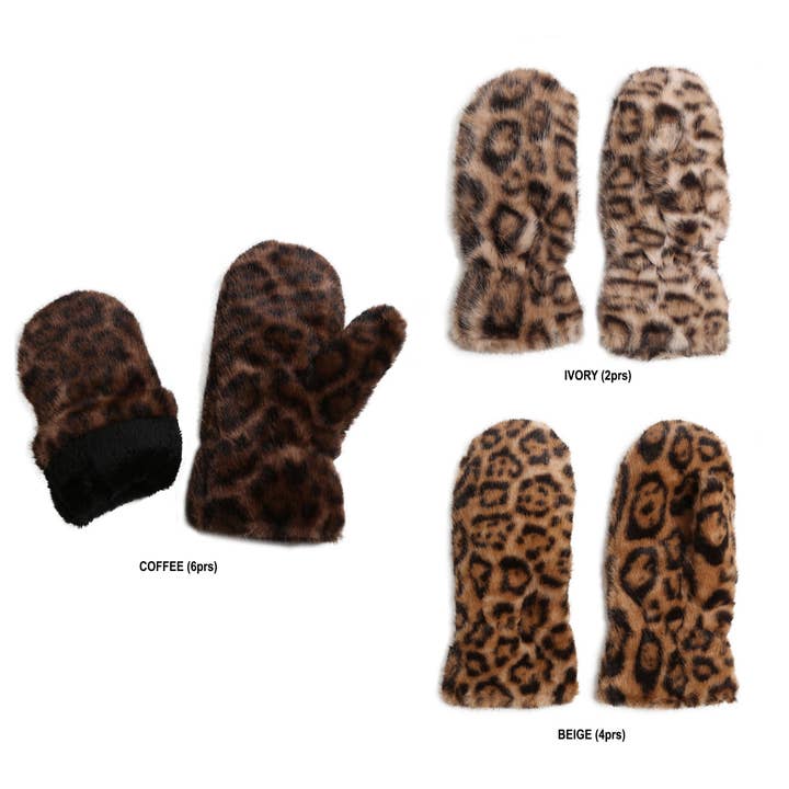 Sensibling Corp. - Wholesale Mittens - Women's - 12Pairs - Leopard Faux Fur Winter Mittens1
