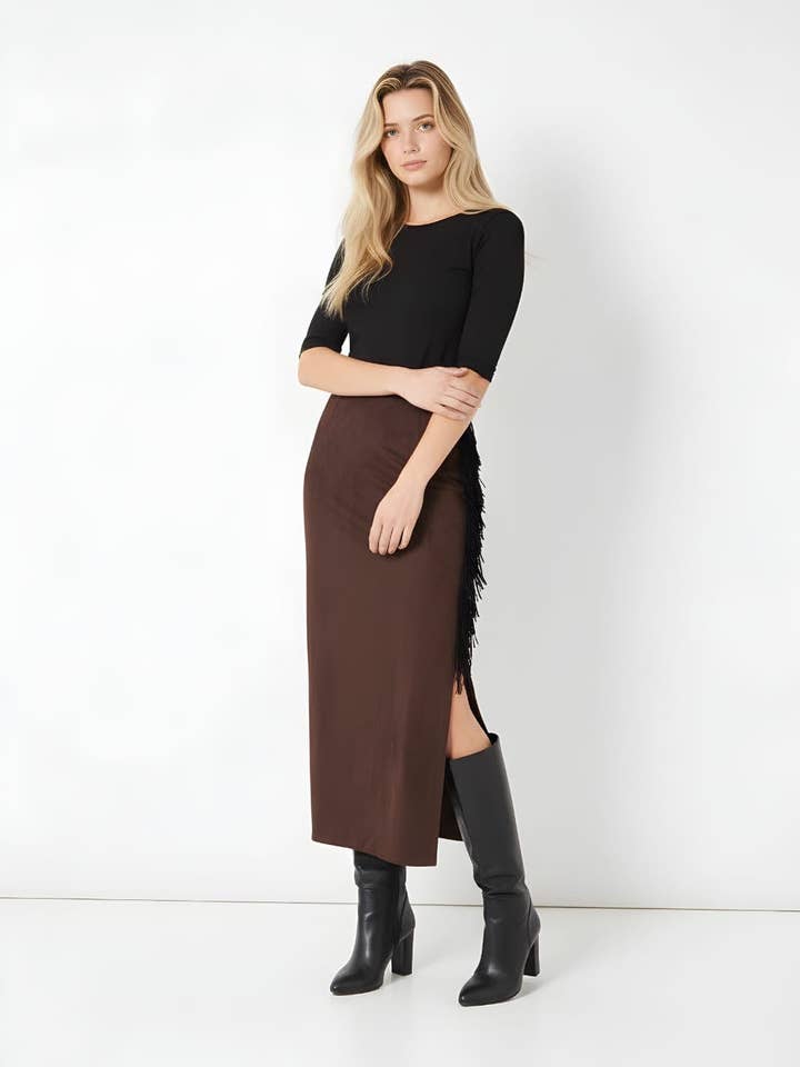 Long Suede Effect Skirt with Side Fringes - SI-040015 for wholesale by BanBat