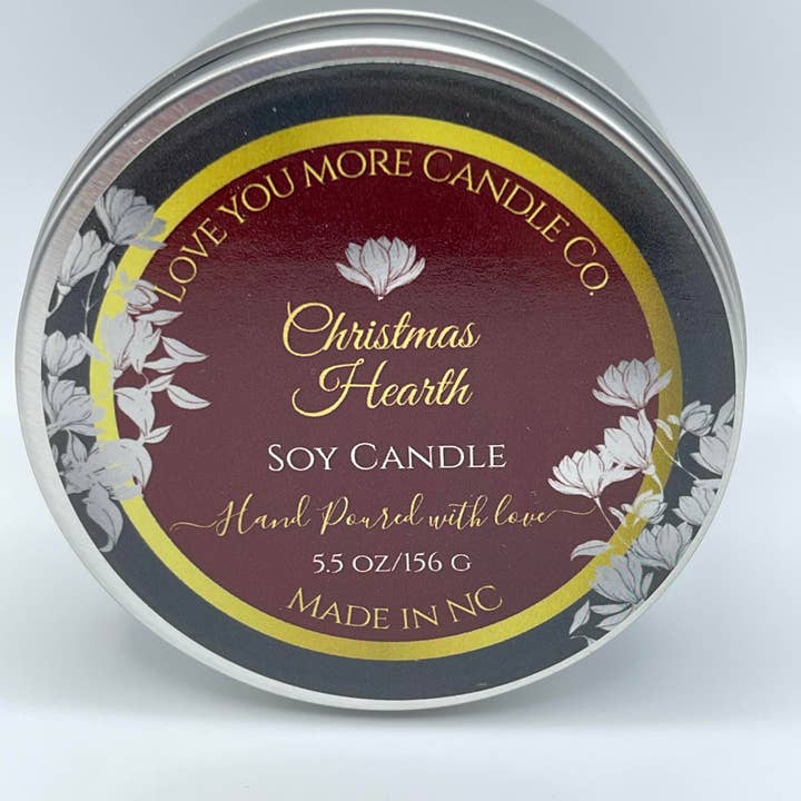 Christmas Hearth soy candle 8 oz tin for wholesale by Love You More Candle Company