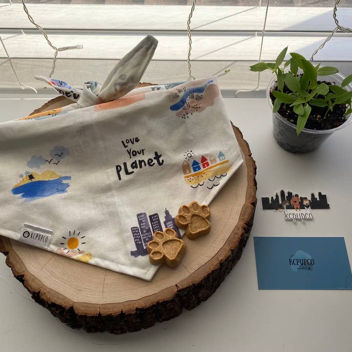 Love Your Planet Bandana | Cream Cotton Tie On Bandana with Watercolor Landscapes for wholesale by kcpupco