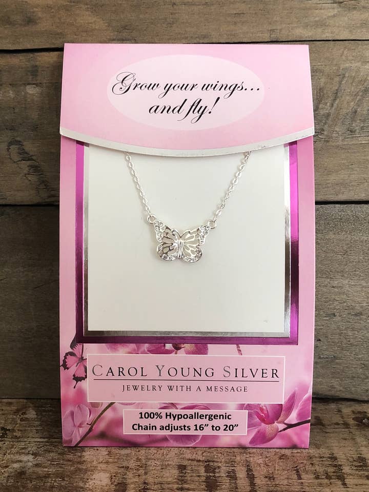 Butterfly Necklace, Petite on Card/ Jewelry for wholesale by Carol Young Silver