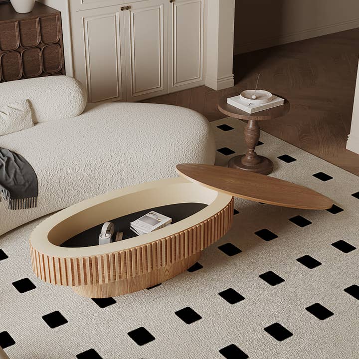 Table basse ovale de 47 pouces avec rangement, finition en bois naturel pour la vente par 39F Inc.
