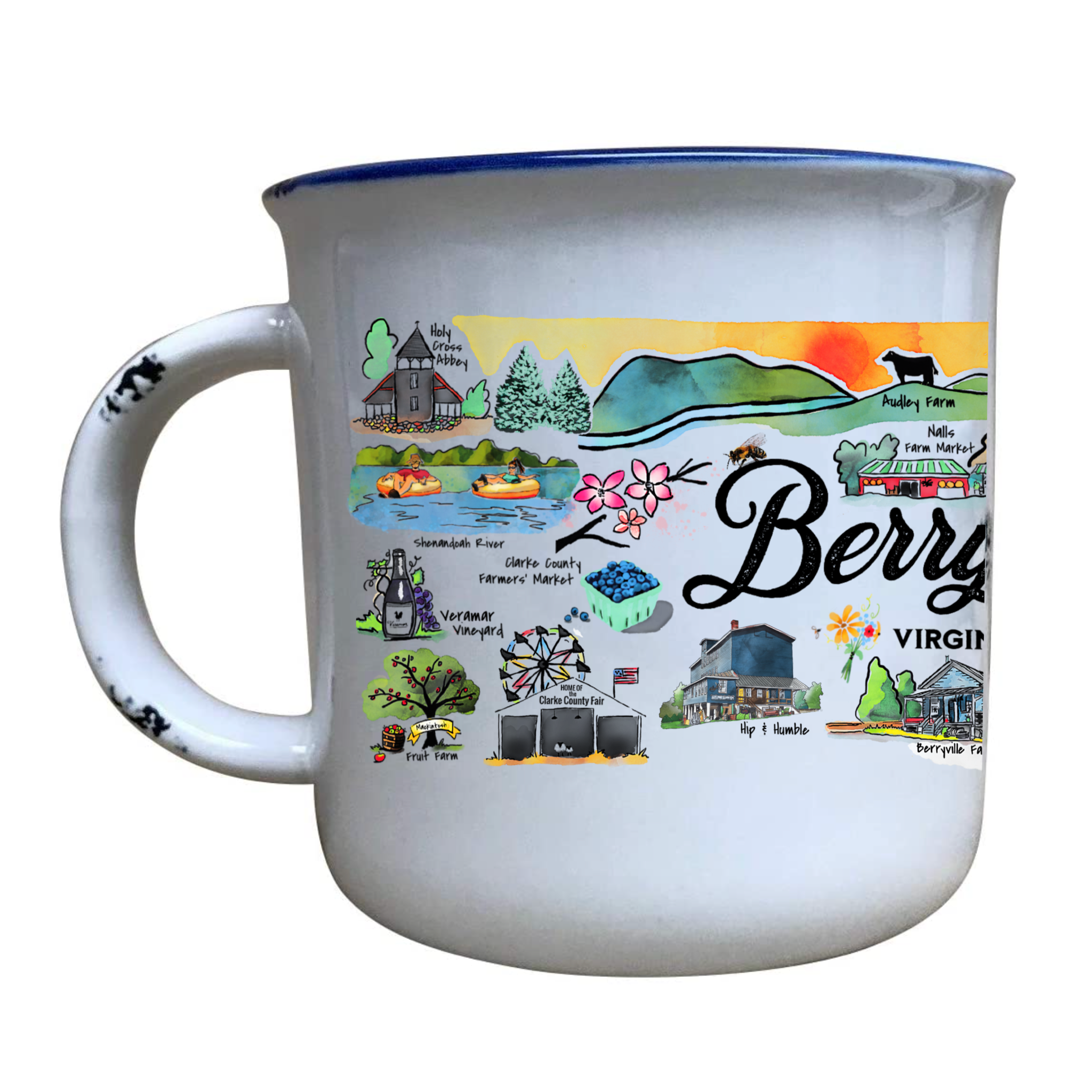 Sweetgum Studio - Wholesale Coffee Mug - Stoneware Distressed Mug with Blue Trim 14 oz.47