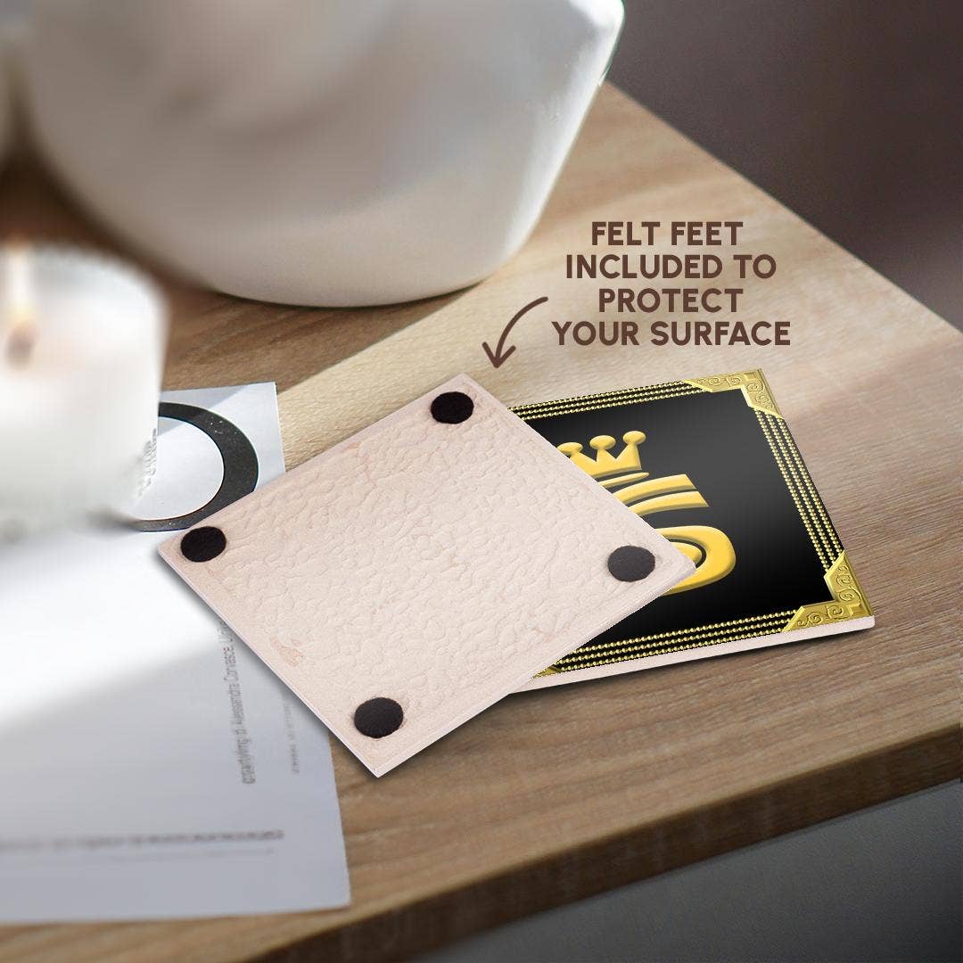 3dRose - Wholesale Coasters - 3dRose, King, queen crown, rich frame. Yellow on black. Stunning letter S, Coaster3