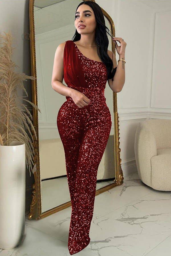 Aria Romance - Wholesale Jumpsuit - Women's - Sequin One-Shoulder Jumpsuit2