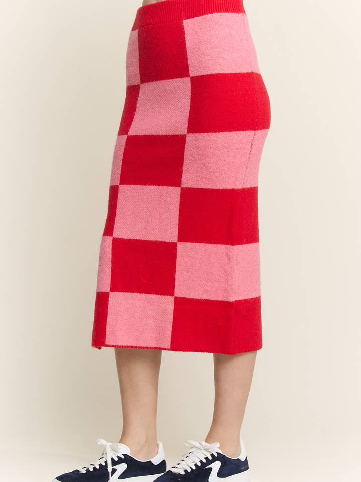 JADE BY JANE - Wholesale Skirt - Women's - BIG CHECKERED PAST KNIT PENCIL MIDI SKIRT W/ SIDE SLIT28