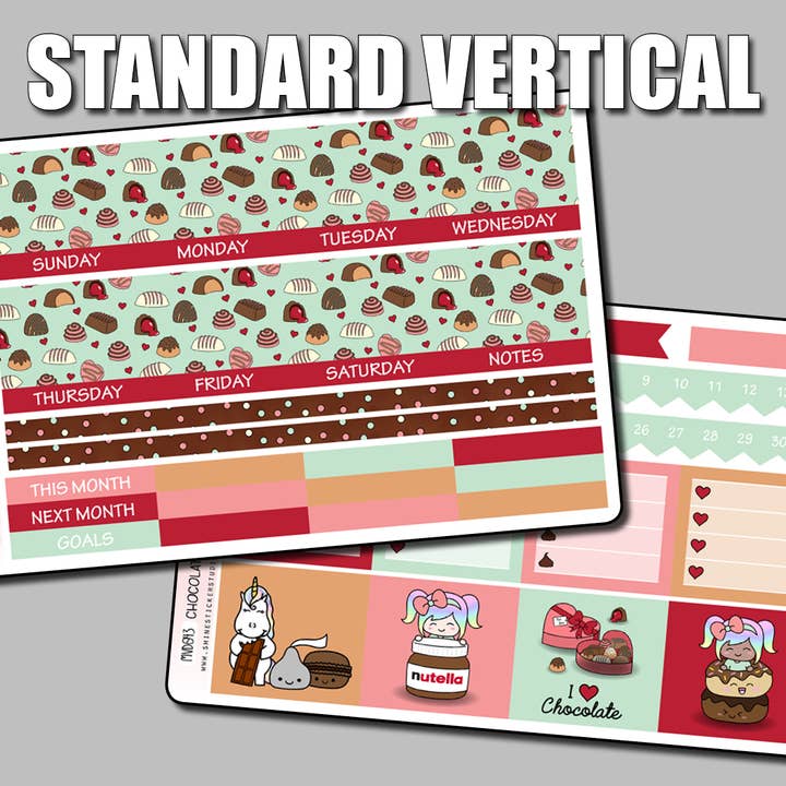 Undated Chocolate Lovers Monthly Kit - Standard Vertical Planner Stickers for wholesale by Shine Sticker Studio
