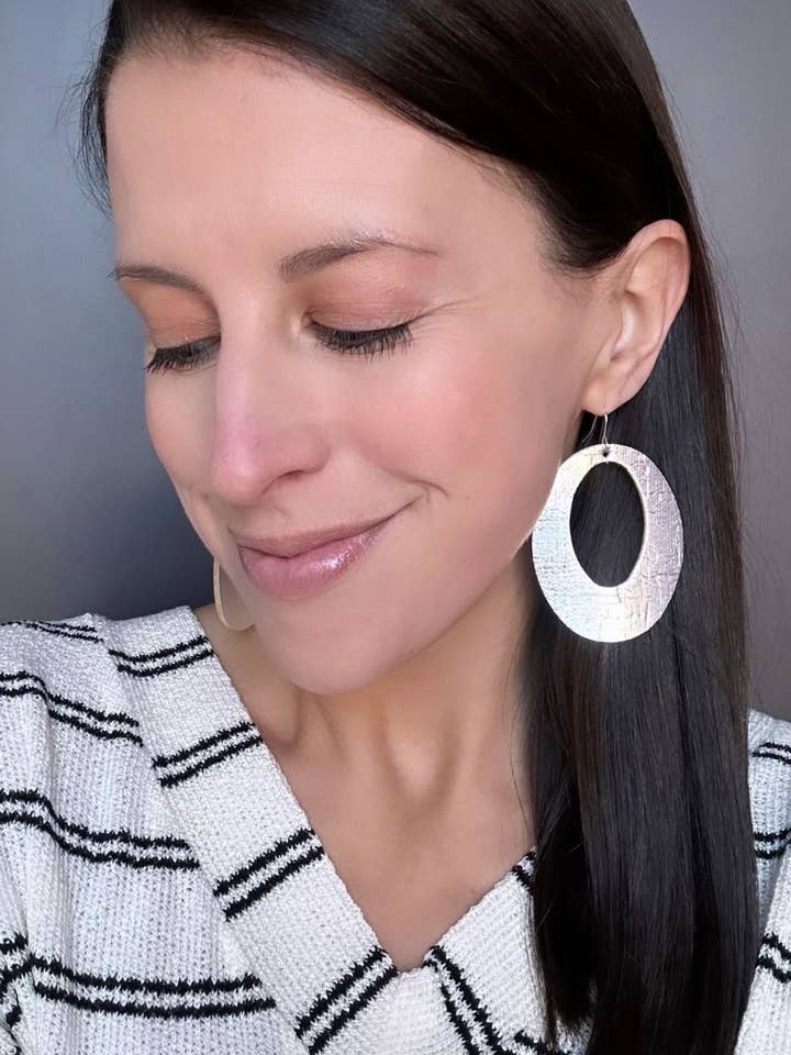 Silver Chrome Oval Cutout Cork Leather Earrings Valentines for wholesale by Baubles by B