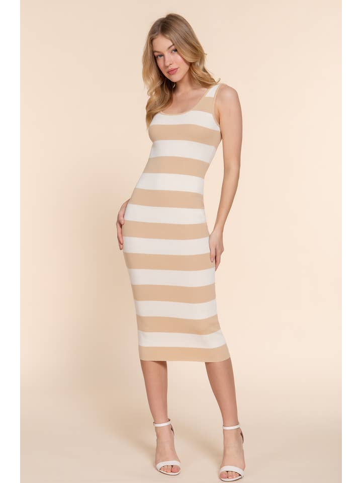 Active Basic | Active USA - Wholesale Dress - Women's - Sleeveless Double Scoop Neck Bold Striped Sweater Midi Dress